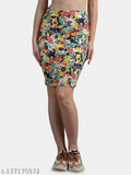 Green polyester leaf-printed pencil skirt, perfect for casual outfits with matching tops from Stylecamp. Knee length, size options include 30, 32, 34, and 36