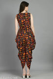 Multicolor crepe jumpsuit with brown owl print, soft and fashionable for women and girls, available in sizes M, L, XL. India-made party outfit on mannequin