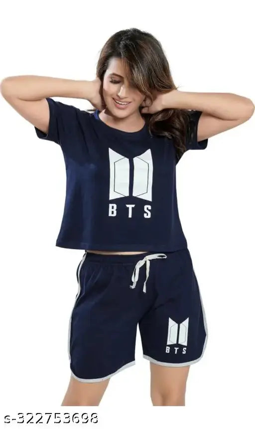 BTS Design nightwear set, cotton blend top and shorts with printed pattern, size S-XL, Indian origin