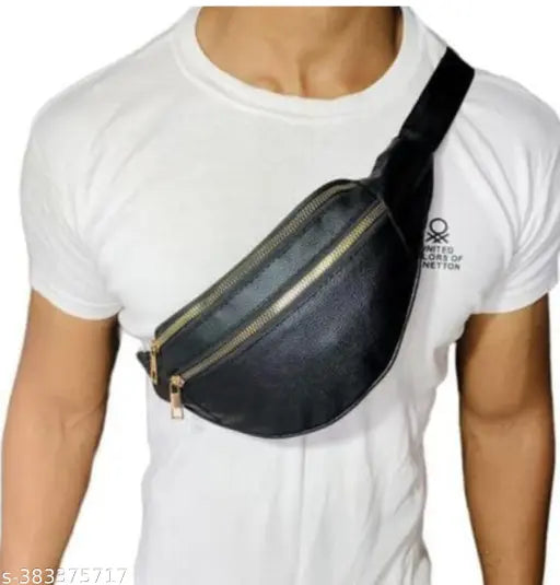 Genuine leather waist bag, ideal for outdoor activities like running, hiking, cycling, or dog walking. Waterproof with adjustable strap and 2 zipped compartments for organization. Black color, unisex design from India