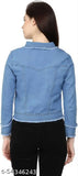 Light blue denim women's RAF look jacket with long sleeves, solid pattern, shank buttons, and chest pockets. Classic denim jacket perfect for any outfit, available in multiple colors. Made in India