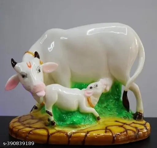 Multicolor finish Kamadhenu cow and calf statue, resin, Vastu decor, antique look, 10cm x 10cm x 12cm, Indian handicraft
