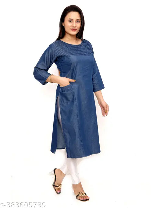 Dark denim round neck kurti, three-quarter sleeves, solid design. M (38in bust, 40in length), available in various sizes