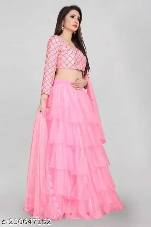 Satin and net Fancy Lengha Choli & Dupatta in solid patterns, unstitched. Three-quarter sleeves for kids' sizes 1-10 years. Indian hand embroidery." (115 characters)