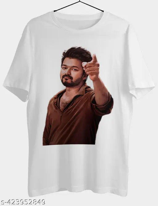Thalapathy Vijay printed polycotton round neck, half sleeves T-shirt. Ultra soft, comfortable, lightweight men's t-shirt. Polycotton, slim fit, machine washable. Made in India