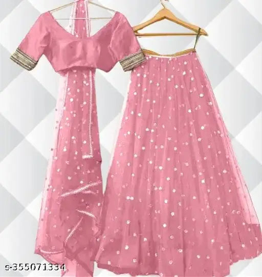 Baby Pink embroidered net Lehenga Choli with lace-bordered dupatta, semi-stitched, free size (44 waist, 42 length), Indian origin