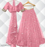 Baby Pink embroidered net Lehenga Choli with lace-bordered dupatta, semi-stitched, free size (44 waist, 42 length), Indian origin