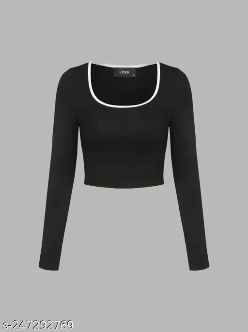 Lycra solid crop top with long sleeves, perfect for summer. Indian-made women's fashion