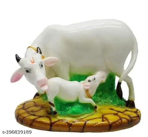 Multicolor resin Kamadhenu cow and calf statue, vintage look decor for living room or tabletop spiritual display (8x12 cms)