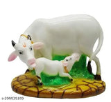 Multicolor resin Kamadhenu cow and calf statue, vintage look decor for living room or tabletop spiritual display (8x12 cms)