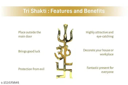 Gold brass Metal Om Trishul Swastik Trishakti Yantra Door/Wall hanging, decorative home office shop item (6 inch)