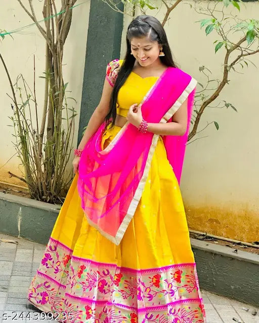 Newest Indian festival chiffon half saree set, unstitched lehenga (39in waist, 41in length), embroidered blouse, net dupatta, lace-trimmed, semi-stitched, ready to ship