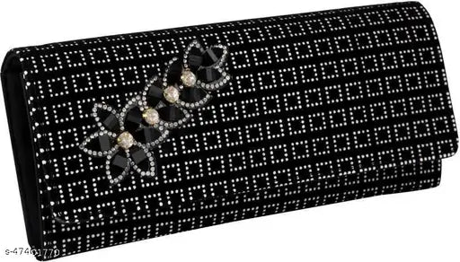 Black lace fabric clutch purse with bow embellishment