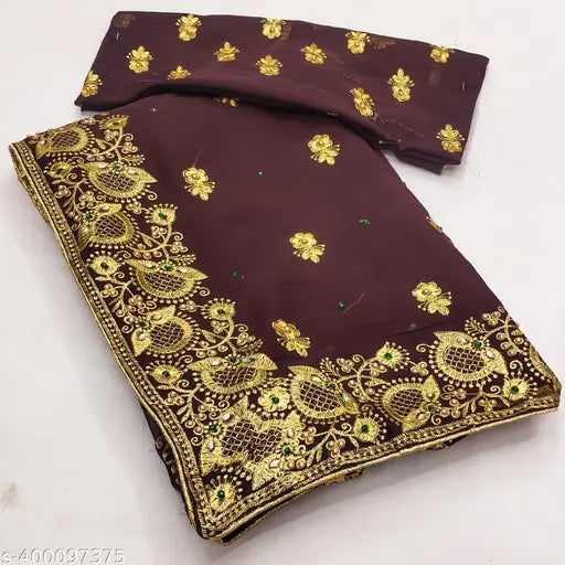 Purple and gold traditional sari, with blouse, draped on mannequin