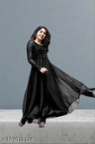 Embellished georgette dress with long sleeves, micro cotton lining, and 3.5m flair skirt. Available in various sizes from M to XXXL. Made in India