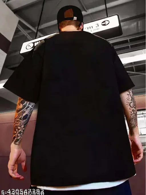 Mens black cotton blend oversized round neck half sleeve graphic printed t-shirt with teddy bear design, featuring anime theme on back