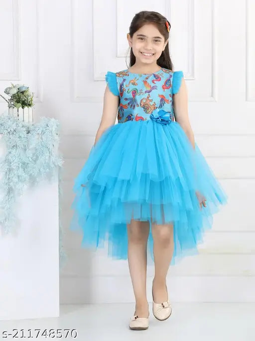 Aqua blue animal print net dress for girls party wear, size 1-2 years or 2-3 years, made in India