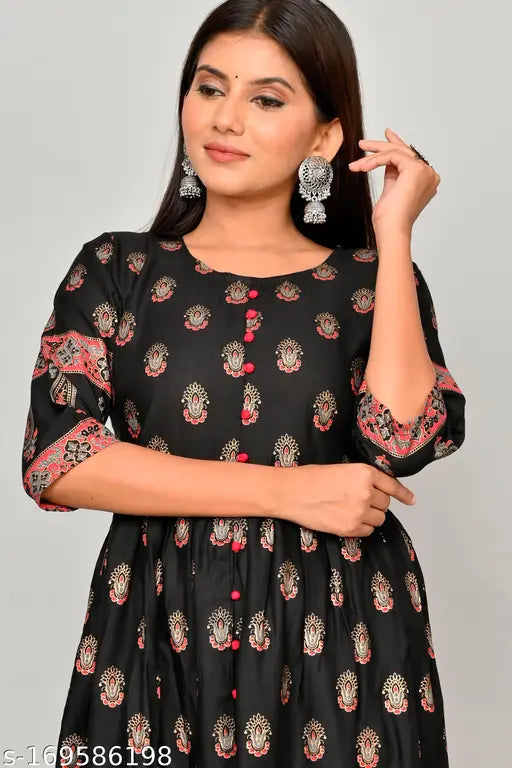 Printed rayon Anarkali gown kurtis with three-quarter sleeves, vibrant combo design. M (36in bust, 48in length), L (38in bust, 48in length), XL (40in bust, 48in length). Traditional Indian fashion for functions, festivals, parties, and weddings