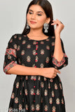 Printed rayon Anarkali gown kurtis with three-quarter sleeves, vibrant combo design. M (36in bust, 48in length), L (38in bust, 48in length), XL (40in bust, 48in length). Traditional Indian fashion for functions, festivals, parties, and weddings