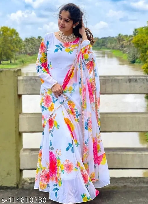 Indian Georgette A-Line Dress, floral print, long length, women's formal wear, trendy skater style