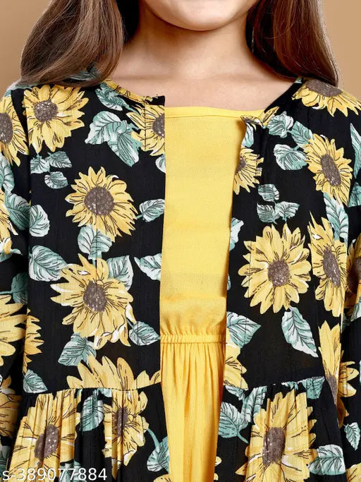 Yellow cotton midi dress with printed shrug for girls aged 11-12 years, polyester sleeves, Indian origin