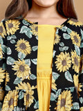 Yellow cotton midi dress with printed shrug for girls aged 11-12 years, polyester sleeves, Indian origin