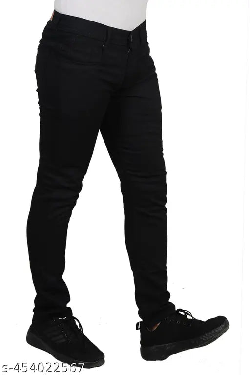 Denim REAL SPIKE BLACK Original FRONTLINE Jeans, solid black denim with wider waistband for comfort and durability. Polyester Real spike track pants, starch-feel fabric for casual and gym wear, contrast colors for fashionable look. Premium cotton feel, no color fade, perfect fit for active life. Both side open pockets, sizes: 28, 30, 32. Made in India