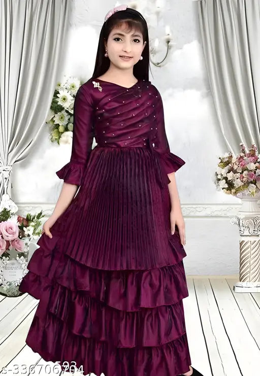 Blackberry silk frock for special occasions, one piece, embellished net design, three-quarter sleeves, size 4-5 years, premium quality Indian fabric