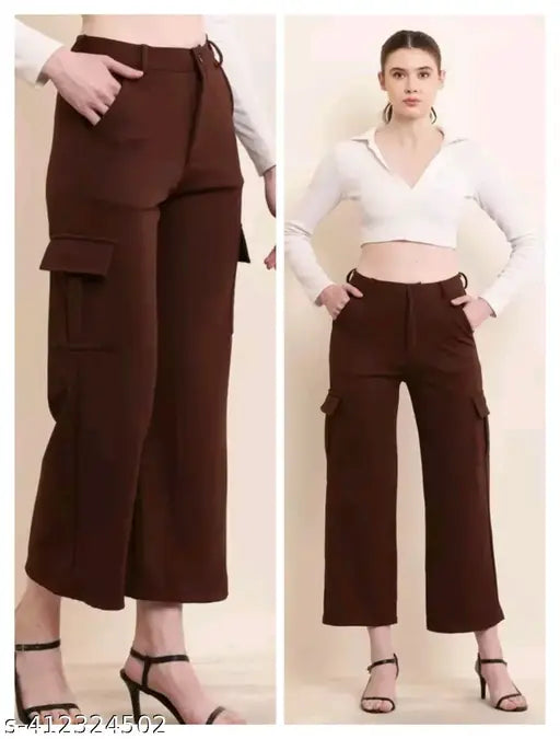 Cream cargo four-pocket pant for woman, high rise design with slanted inset pockets and patch flaps. Stretchable and versatile for casual or formal wear. Sizes: 26-34 (inches)