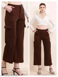 Cream cargo four-pocket pant for woman, high rise design with slanted inset pockets and patch flaps. Stretchable and versatile for casual or formal wear. Sizes: 26-34 (inches)