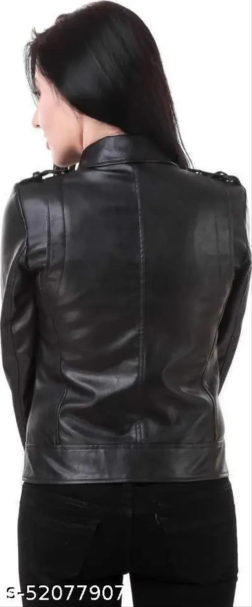 Modern black faux leather PREEGO jacket, matte finish, band collar, long sleeves, biker style, made in India