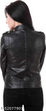 Modern black faux leather PREEGO jacket, matte finish, band collar, long sleeves, biker style, made in India