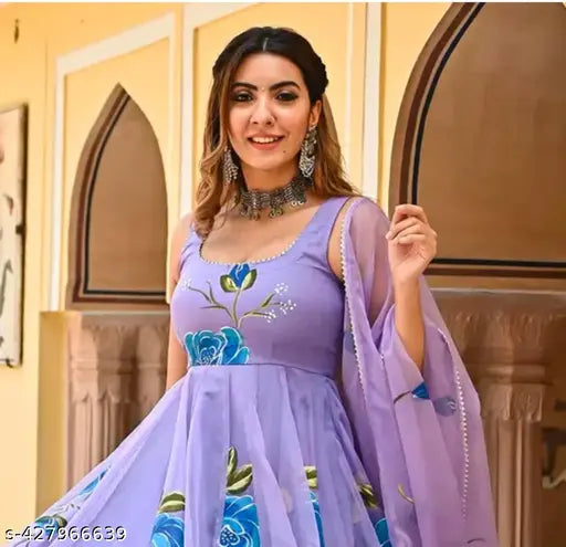 Printed Georgette Anarkali gown with dupatta, vibrant floral design, nack line embroidery