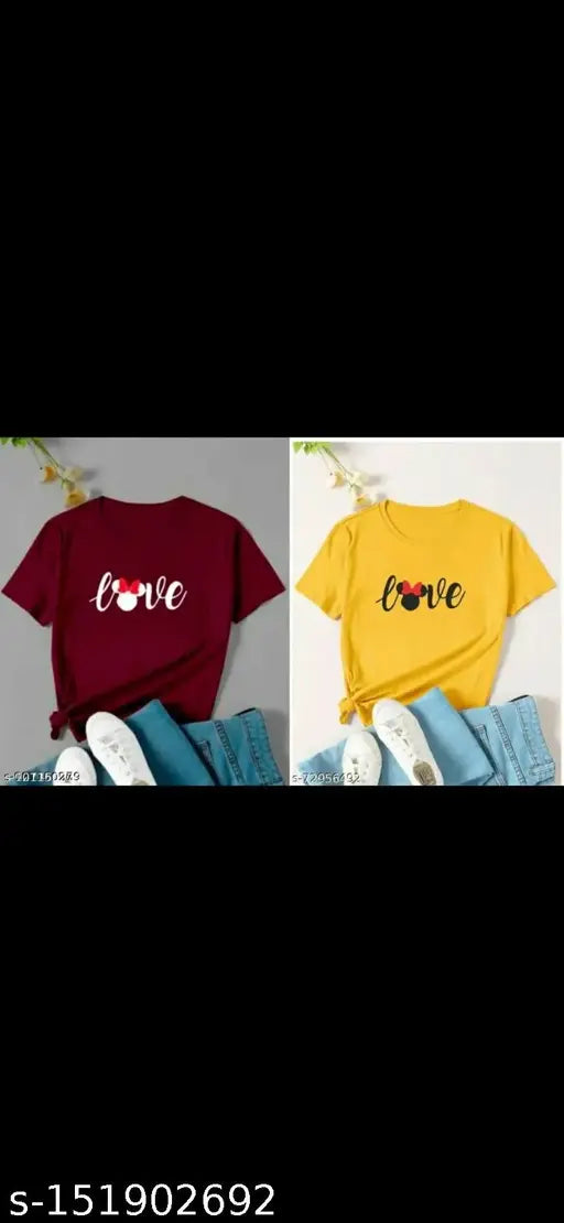 Cotton Love Combo t-shirts for women & girls, printed with heart patterns, pack of 2 (S-XL)