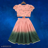 Colorblocked rayon lehenga choli set with short sleeves, printed pattern, stitched net, available in various sizes from 3-4 years to 11-12 years