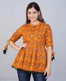 Orange floral print chiffon kurta with ruffled sleeves