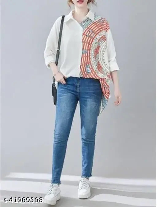 Nylon long-sleeve printed women's shirt, soft & smooth crepe fabric, S (36in bust), Made in India