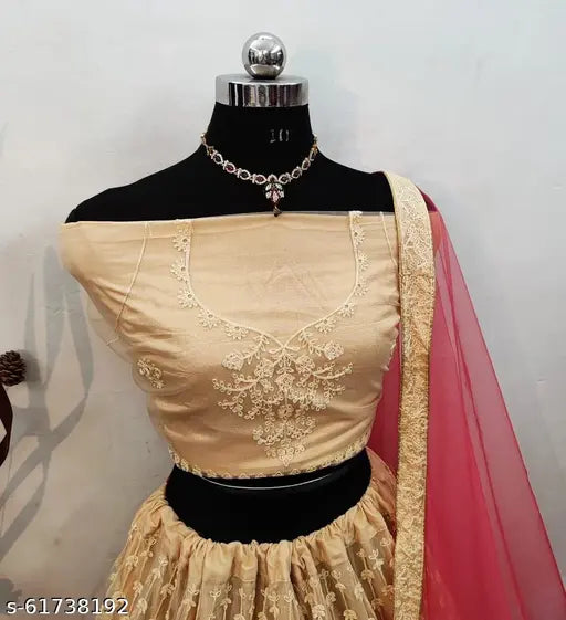 Embroidered net lehenga set for women, semi-stitched with waist size 40in and length 44in, origin India