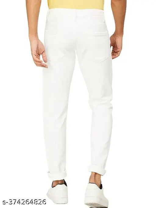 High-quality solid white denim men's jeans, tailored fit, versatile for various occasions, size 28 (waist 29in, length 38in), made in India