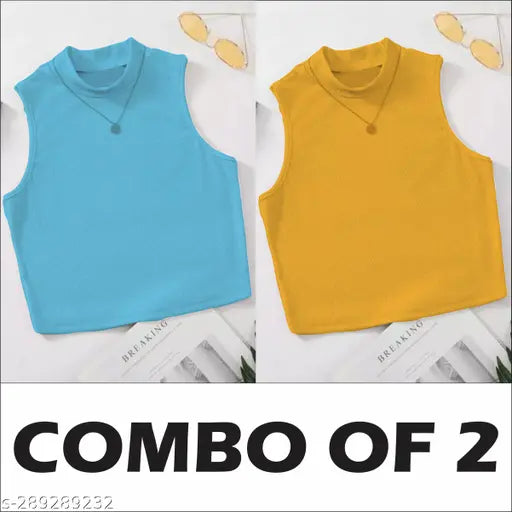 Stylish solid sleeveless 100 lycra high-neck ribtop set, perfect for women's fashion in various sizes from XS to L. India-made top with combo of two