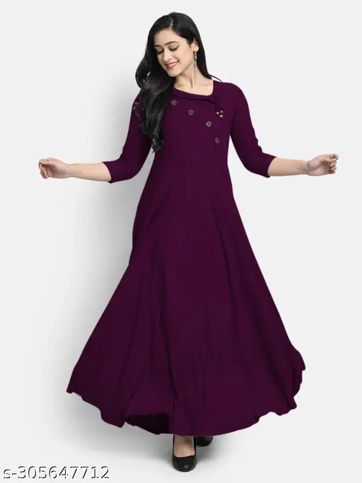Women's solid heavy rayon flared gown with three-quarter sleeves, single color, ideal for formal events. Available in sizes S-XXXL, India origin