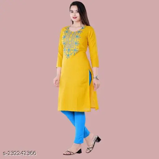 Yellow rayon solid embroidered kurti, three-quarter sleeves, India-origin traditional clothing