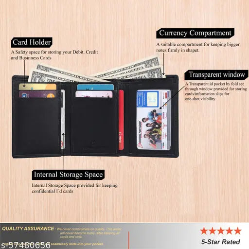 Genuine leather, triple-fold RFID-blocking men's wallet. Solid urban style, free size (9cm x 1cm). Made in India