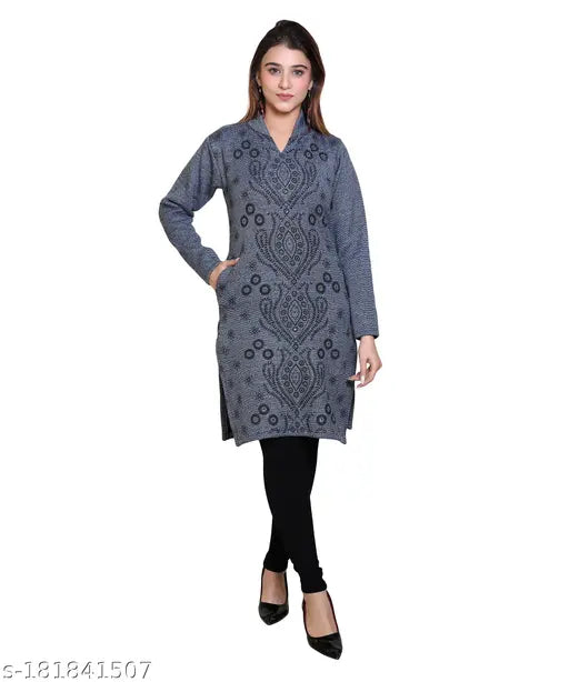 Gray woolen kurta, long straight fit, for women's fashion winter wear