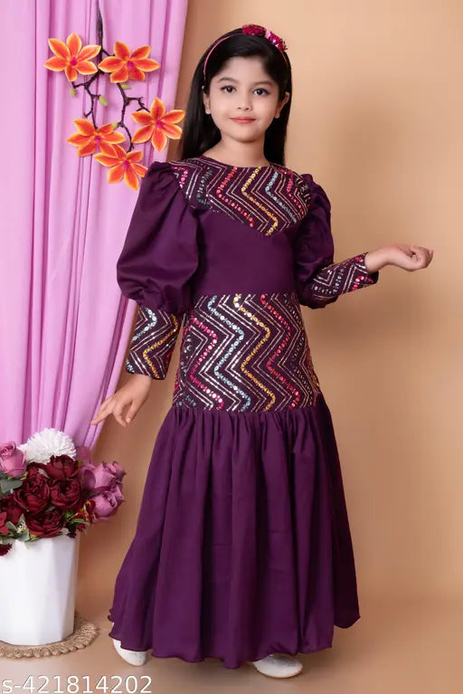 Purple cotton long dress with long sleeves and ruffle detail