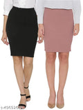 Black and salmon pencil skirt, polyester, high waist, straight knee length