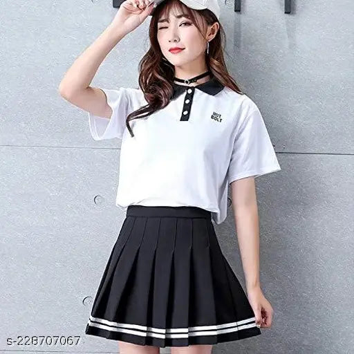 Women's high waist pleated short skater tennis skirt in white, with a collar detail