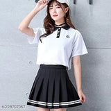 Women's high waist pleated short skater tennis skirt in white, with a collar detail