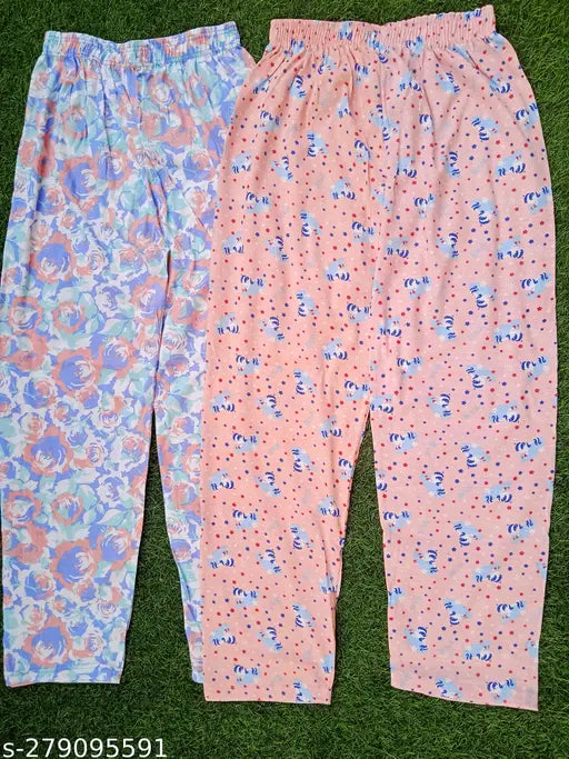 Multicolored cotton track pants for women's loungewear, soft material, print design, size 30 up to 44, pack of two color options