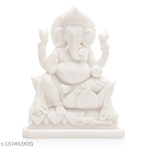 Marble Ganesh idol, white, adorned with a necklace, seated in front of books and a cat, 12cm tall